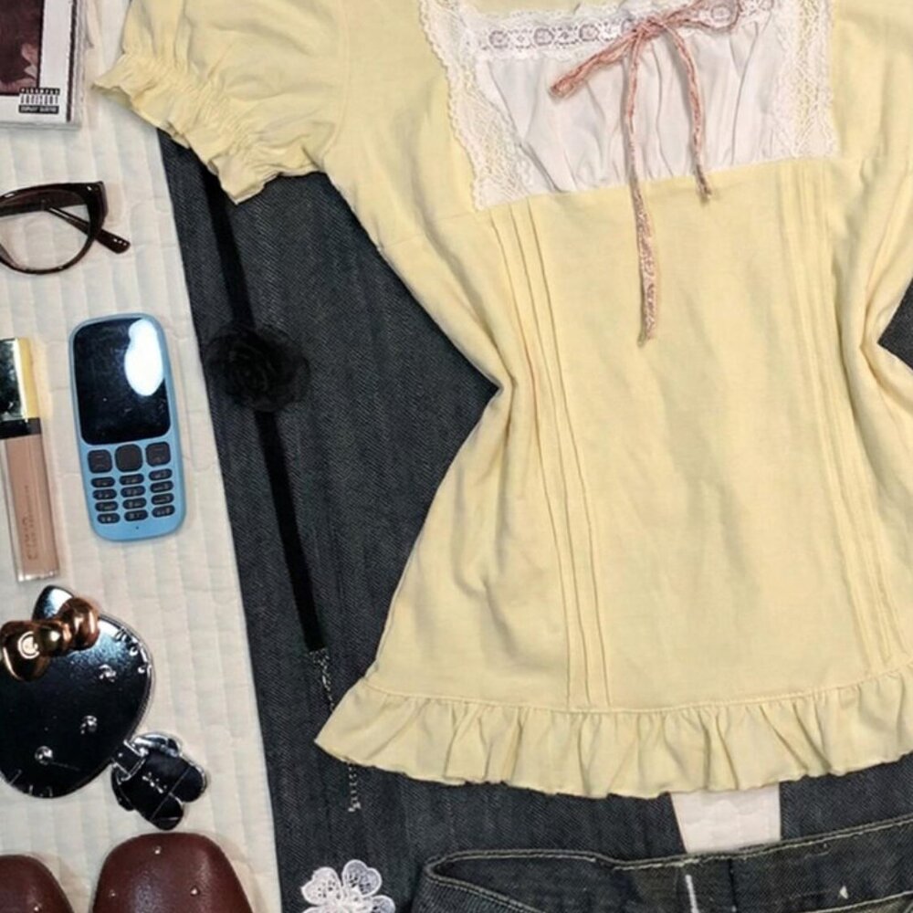 Original Yellow Sweet Lace Patchwork Puff Sleeve … - image 2